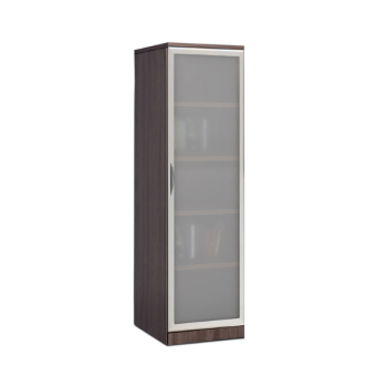 Tall brown cabinet with frosted glass door